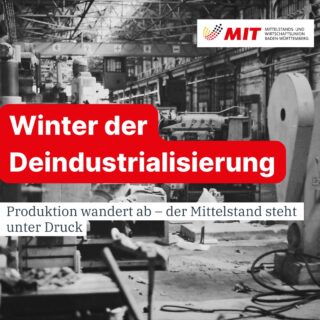 Winter der Deindustrialisierung ❄️🏭

Produktionen werden ins Ausland verlagert.
Kosten explodieren.
Planungssicherheit fehlt.

Was als Herbst der Reformen angekündigt wurde, erleben viele Unternehmen inzwischen als einen eisig kalten Winter der Deindustrialisierung.

Wenn Industrieproduktion Deutschland verlässt, trifft das nicht nur große Konzerne. Besonders betroffen ist der Mittelstand: Zulieferer verlieren Aufträge, Arbeitsplätze geraten unter Druck, Wertschöpfungsketten reißen ab. Gerade in einem Industrieland wie Baden-Württemberg sind die Folgen enorm.

Die MIT Baden-Württemberg fordert deshalb erneut eine klare wirtschaftspolitische Kehrtwende:
➡️ bezahlbare Energie
➡️ weniger Bürokratie
➡️ wettbewerbsfähige Steuern
➡️ verlässliche Rahmenbedingungen

Wer Industrie und Mittelstand schwächt, gefährdet unseren Wohlstand von morgen.

Die gesamte Pressemitteilung findest du auch auf unserer Webseite: www.mit-bw.de

📍 MIT Baden-Württemberg
🗓 Presseinformation vom 14.01.2026