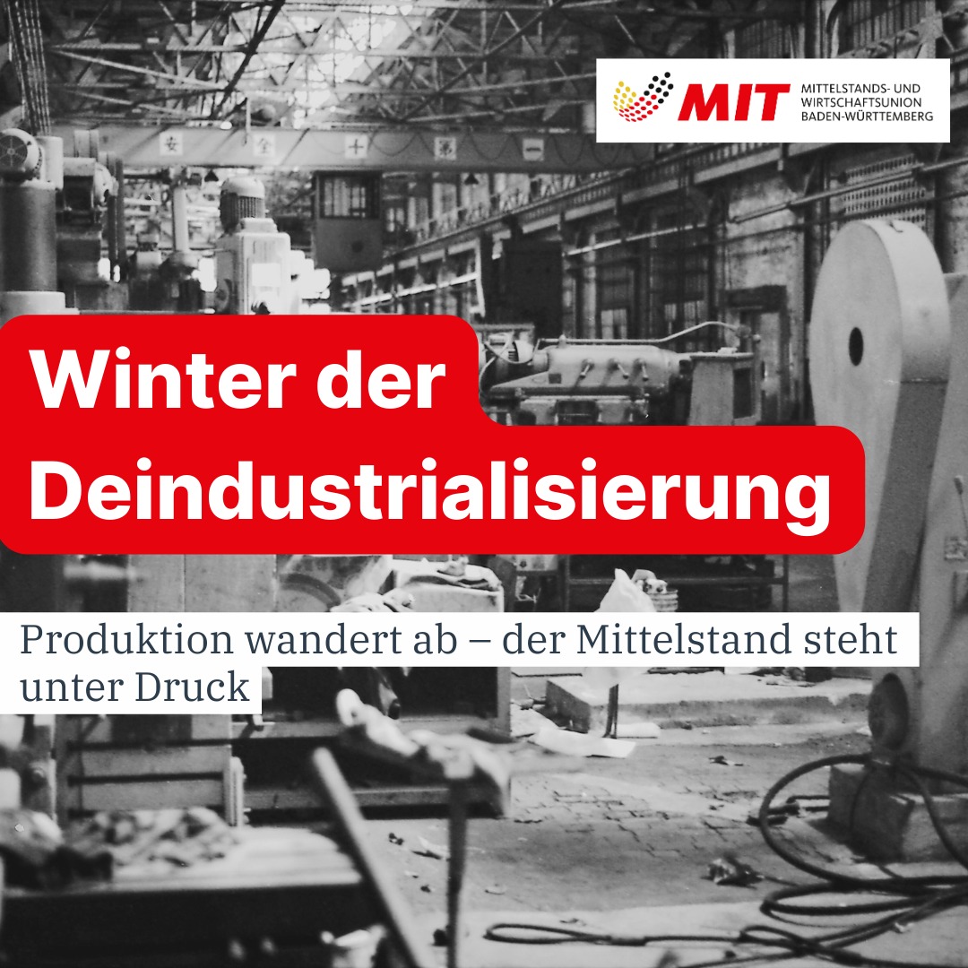 Winter der Deindustrialisierung ❄️🏭

Produktionen werden ins Ausland verlagert.
Kosten explodieren.
Planungssicherheit fehlt.

Was als Herbst der Reformen angekündigt wurde, erleben viele Unternehmen inzwischen als einen eisig kalten Winter der Deindustrialisierung.

Wenn Industrieproduktion Deutschland verlässt, trifft das nicht nur große Konzerne. Besonders betroffen ist der Mittelstand: Zulieferer verlieren Aufträge, Arbeitsplätze geraten unter Druck, Wertschöpfungsketten reißen ab. Gerade in einem Industrieland wie Baden-Württemberg sind die Folgen enorm.

Die MIT Baden-Württemberg fordert deshalb erneut eine klare wirtschaftspolitische Kehrtwende:
➡️ bezahlbare Energie
➡️ weniger Bürokratie
➡️ wettbewerbsfähige Steuern
➡️ verlässliche Rahmenbedingungen

Wer Industrie und Mittelstand schwächt, gefährdet unseren Wohlstand von morgen.

Die gesamte Pressemitteilung findest du auch auf unserer Webseite: www.mit-bw.de

📍 MIT Baden-Württemberg
🗓 Presseinformation vom 14.01.2026