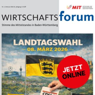 📘 Neue Ausgabe des WIRTSCHAFTSforums | Schwerpunkt: Landtagswahl 2026
Die Landtagswahl 2026 wird zur Richtungsentscheidung für Baden-Württemberg. 
In der neuen Ausgabe unseres WIRTSCHAFTSforums beleuchten wir, was jetzt für den Mittelstand zählt – mit klar benannten Beiträgen:

➡️ Nicole Hoffmeister-Kraut – „Wirtschaft first“ Warum wirtschaftliche Stärke die Grundlage für Wohlstand, Arbeitsplätze und soziale Sicherheit ist.

➡️ Günther Oettinger – Interview Ein offenes Gespräch über die Landtagswahl 2026, den Standort Deutschland und politische Führung in herausfordernden Zeiten.

➡️ Stefan Buhmann – Standpunkt zur Landtagswahl 2026 Eine klare mittelständische Einordnung: Was Politik jetzt liefern muss – und was nicht länger funktioniert.

➡️ MIT Baden-Württemberg – Positionen zur Landtagswahl 2026 Unsere Erwartungen an die nächste Landesregierung: weniger Bürokratie, verlässliche Energiepolitik, Fachkräftesicherung und unternehmerische Freiheit.

📖 Jetzt lesen: 👉 Link in Bio