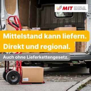 📦 Der Mittelstand liefert.
Auch ohne Lieferkettengesetz.

Regional. Schnell. Verlässlich.

Während neue Vorschriften geschrieben werden, sorgen mittelständische Unternehmen jeden Tag dafür, dass Regale gefüllt, Baustellen versorgt und Produktionen am Laufen bleiben.

👉 Weniger Misstrauen.
👉 Weniger Bürokratie.
👉 Mehr Vertrauen in regionale Wertschöpfung.

Denn wer ständig neue Berichtspflichten schafft,
gefährdet genau die Unternehmen, die unsere Versorgung sichern.