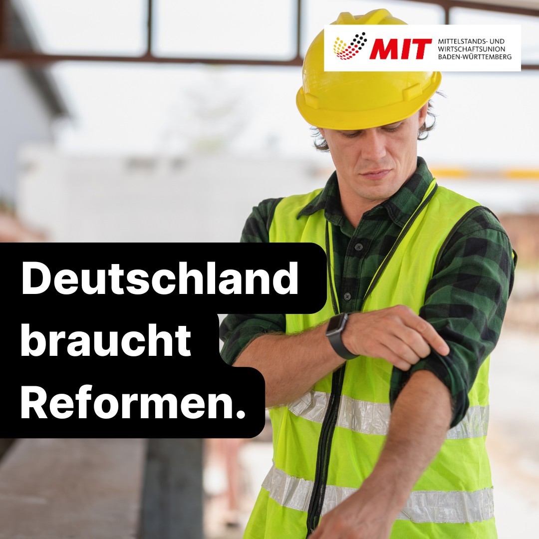 Deutschland braucht keine weitere Verschiebung der Reformen – Deutschland braucht sie jetzt.

Die MIT Baden-Württemberg fordert, angekündigte Reformen jetzt umzusetzen und die wirtschaftlichen Rahmenbedingungen wieder stärker auf Wachstum, Wettbewerbsfähigkeit, Investitionen und Leistung auszurichten.

Im Mittelpunkt stehen dabei unter anderem niedrigere Belastungen, wettbewerbsfähige Energiepreise, Bürokratieabbau und bessere Bedingungen für Investitionen.

Die vollständige Pressemitteilung gibt es auf unserer Website.