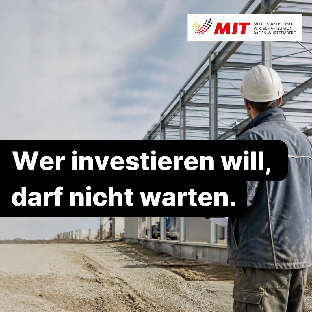 🏗️ Investitionen brauchen Entscheidungen. Keine Endlosschleifen.

Wer eine neue Produktionshalle bauen, seinen Betrieb erweitern oder zusätzliche Arbeitsplätze schaffen will, braucht Planungssicherheit.

Doch langwierige Genehmigungsverfahren können Investitionen verzögern und Unternehmen ausbremsen.

Die MIT Baden-Württemberg fordert deshalb für gewerbliche Bau- und Erweiterungsvorhaben mittelständischer Unternehmen eine verbindliche Dreimonatsfrist. Bleibt eine begründete Entscheidung der Behörde aus, soll die Genehmigung unter klar geregelten Voraussetzungen als erteilt gelten.

Wer Wachstum will, muss Investitionen ermöglichen.